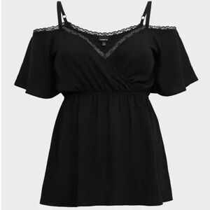 Torrid Black Lace Trimmed Cold Shoulder Surplice Top